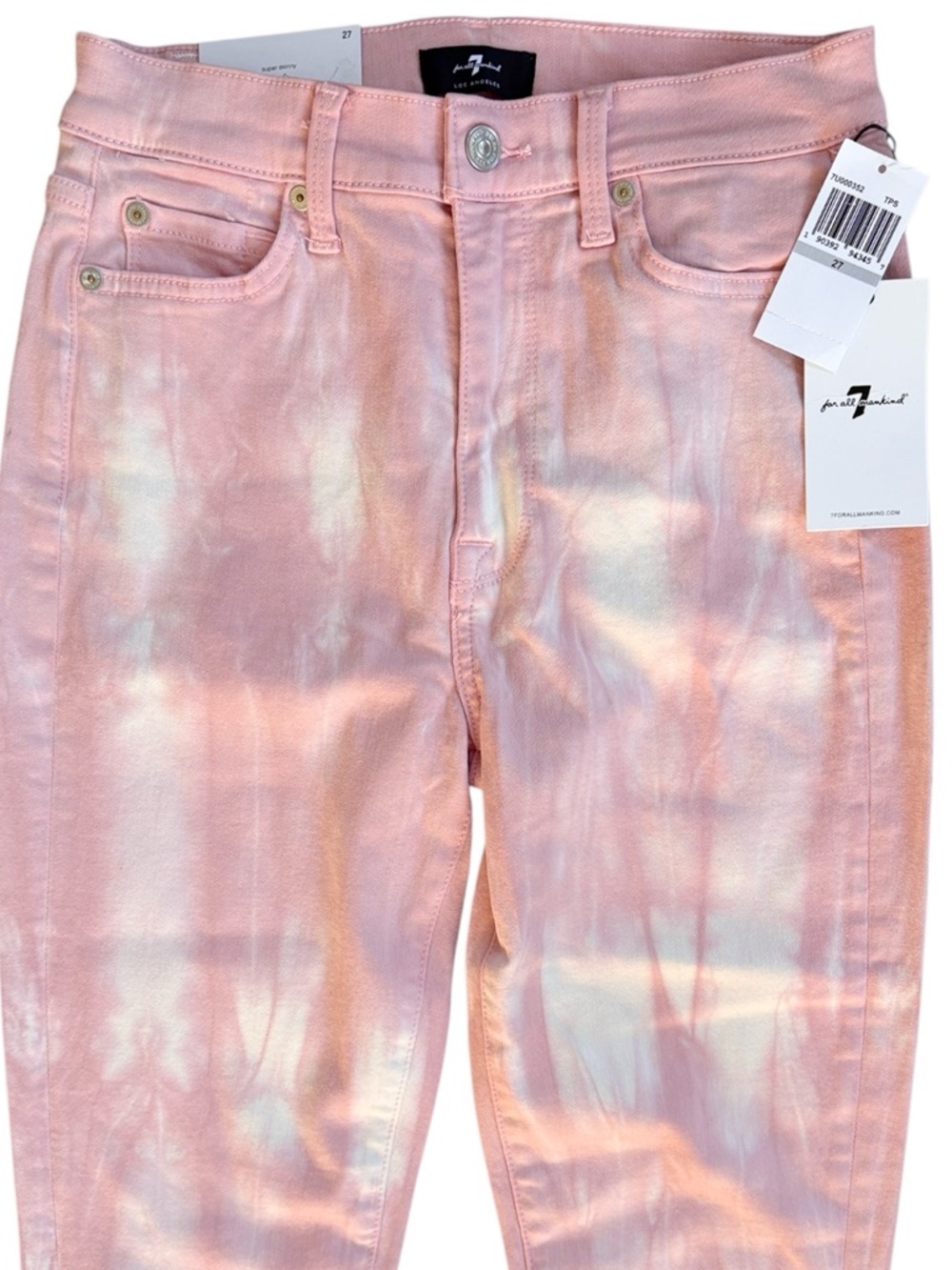 NWT 7 For All Mankind High Waist Ankle Skinny Jeans Pink Tie Dye Size 17 - Picture 2 of 8